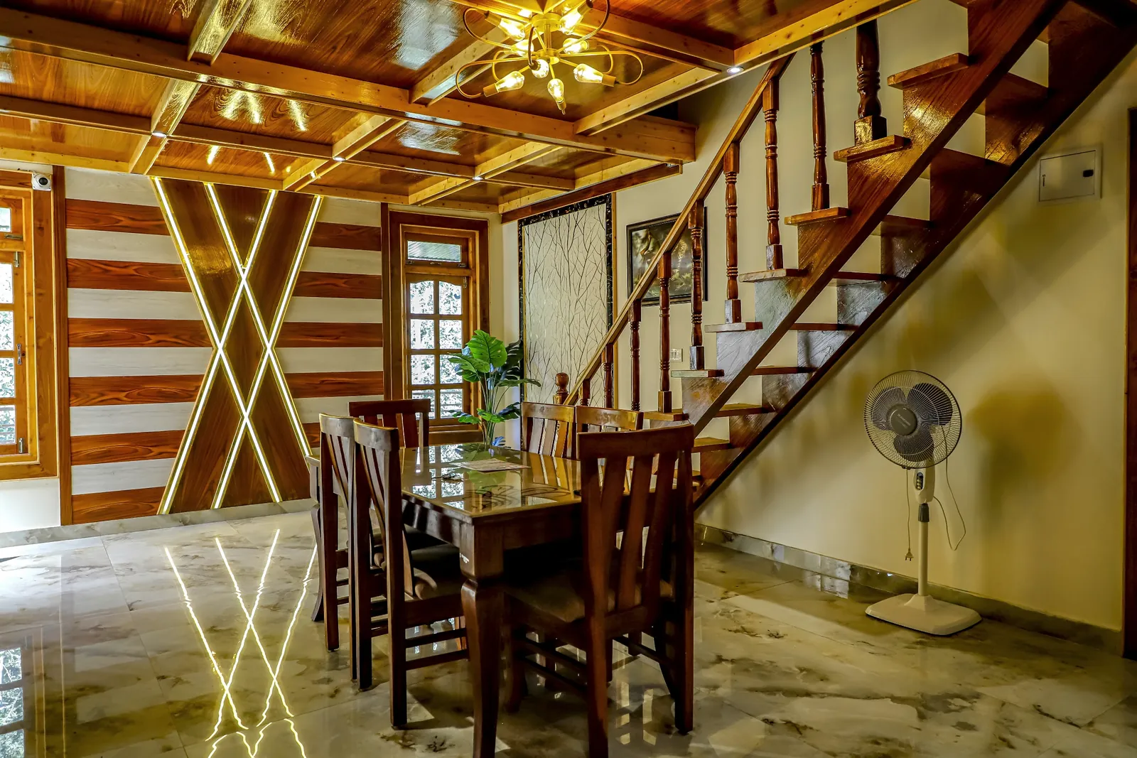 Dining lounge with a timber staircase