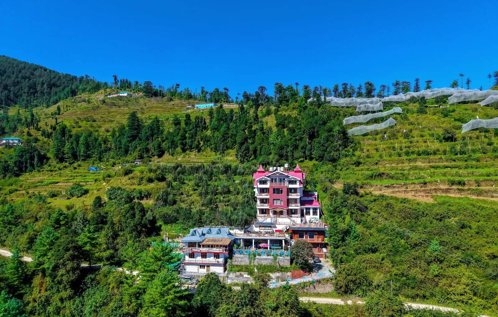 Wood Crista on its hillside among terraced orchards