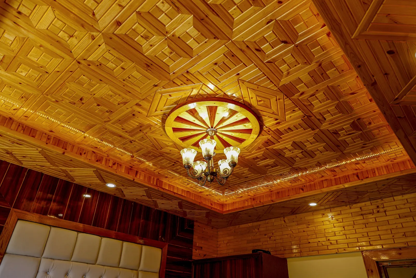 Hand-laid wooden ceiling and chandelier